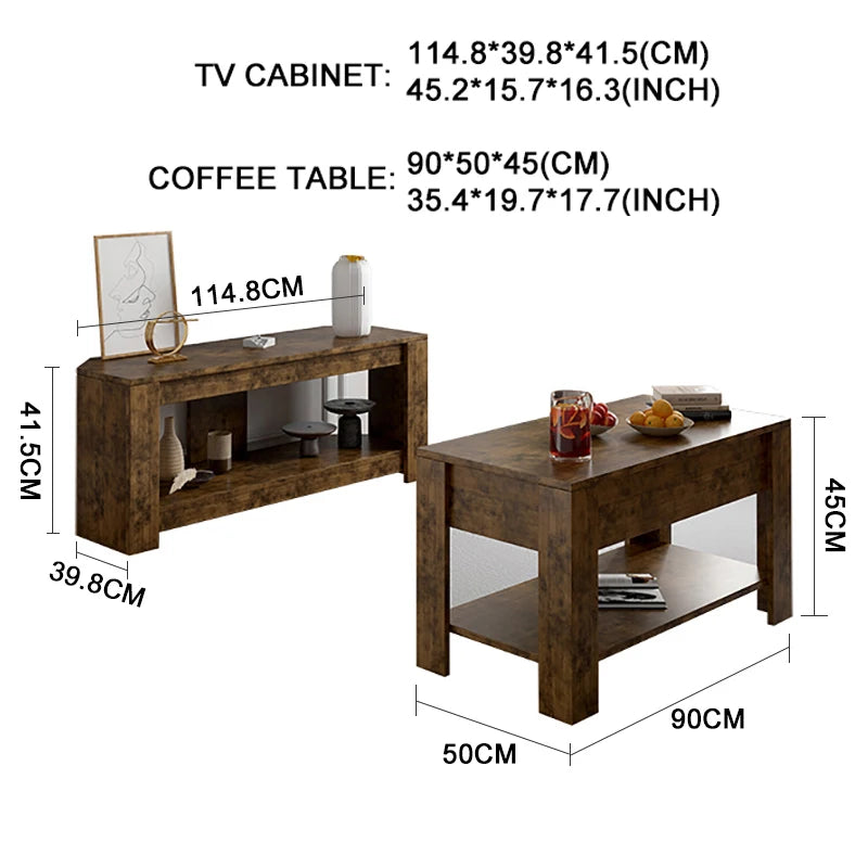 TV table and Lift Top Coffee Table with Storage , Rustic Wood Raisable Top Central Table for Living Room