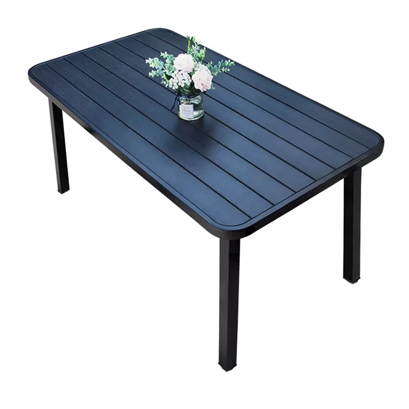 150cm Outdoor Table Large Metal Frame Rectangular Patio Table Family Outdoor Dining Table Wood-plastic Waterproof Tabletop