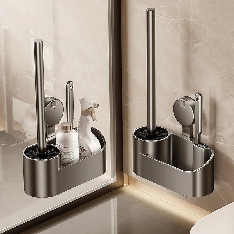 Bathroom Toilet Brush Holder Cleaning Tools Space Aluminum Wall Mounted Sucker Vertical Toilet Brush Bathroom Accessories