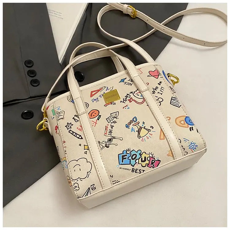 Women's Fashion Bucket Bag 2025New PU Leather Graffiti Print Crossbody Bag Adjustable Long Strap Casual Purse for Work & Dating