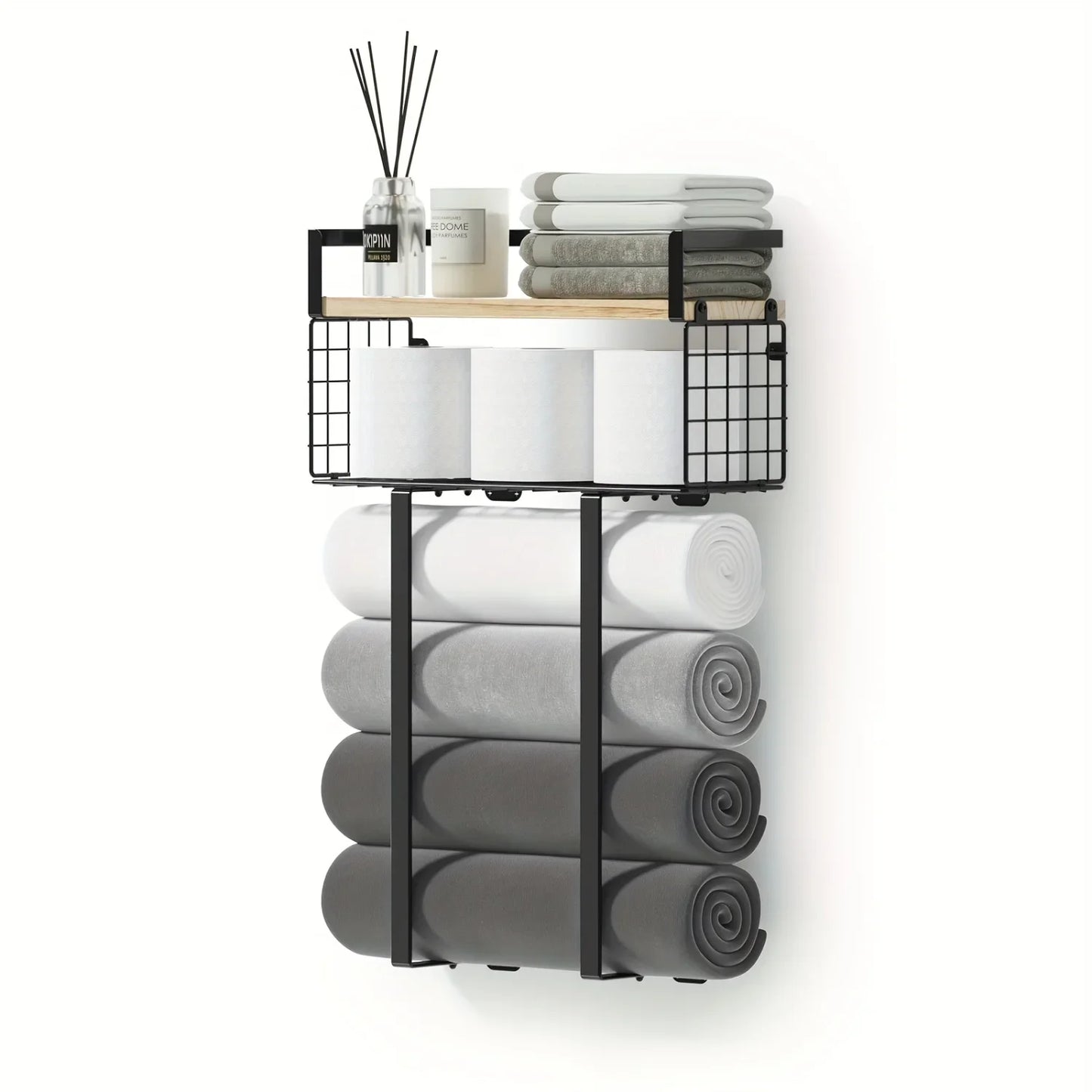 Bathroom Sheves, Towel Racks With Metal Tissue Basket, Holder Wall Rack For Rolled Towels, Org