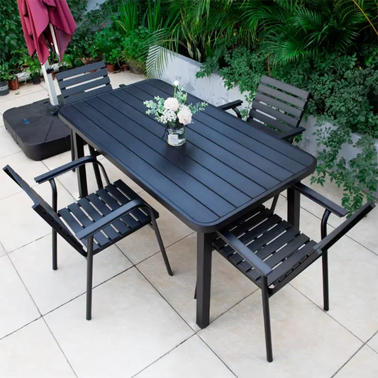 150cm Outdoor Table Large Metal Frame Rectangular Patio Table Family Outdoor Dining Table Wood-plastic Waterproof Tabletop