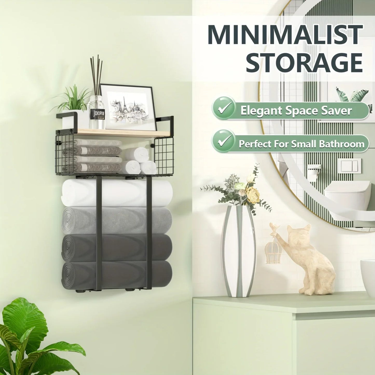 Bathroom Sheves, Towel Racks With Metal Tissue Basket, Holder Wall Rack For Rolled Towels, Org
