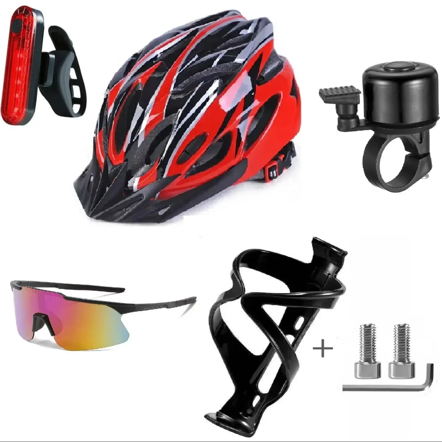 5-in-1 Cycling Accessories Kit: Bike Helmet, LED Tail Light, Bell, Water Bottle Cage, Tools Set for Mountain/Road Bicycle Safety