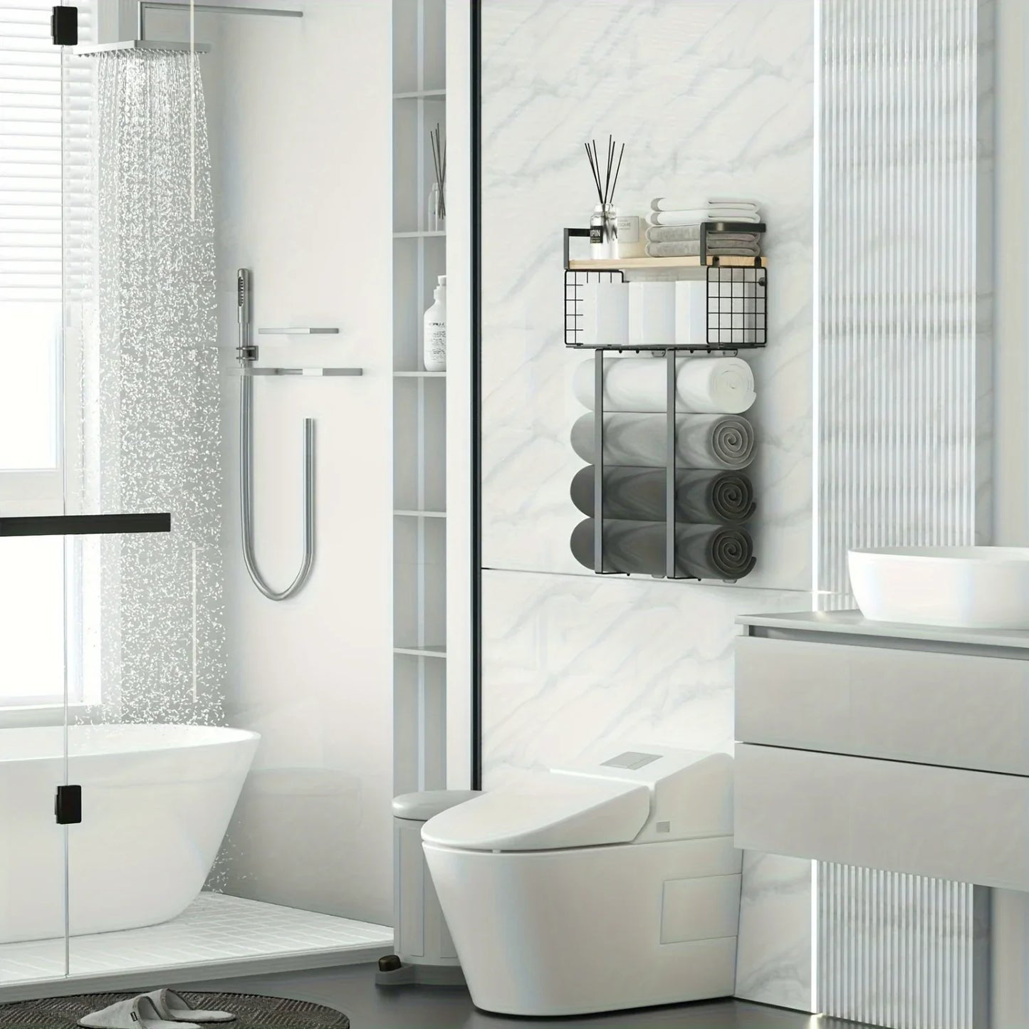 Bathroom Sheves, Towel Racks With Metal Tissue Basket, Holder Wall Rack For Rolled Towels, Org