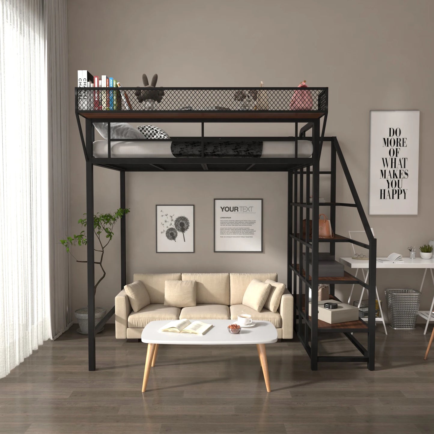 Nordic wrought iron elevated bed space-saving loft duplex second floor suspended bed small apartment bed under table single doub