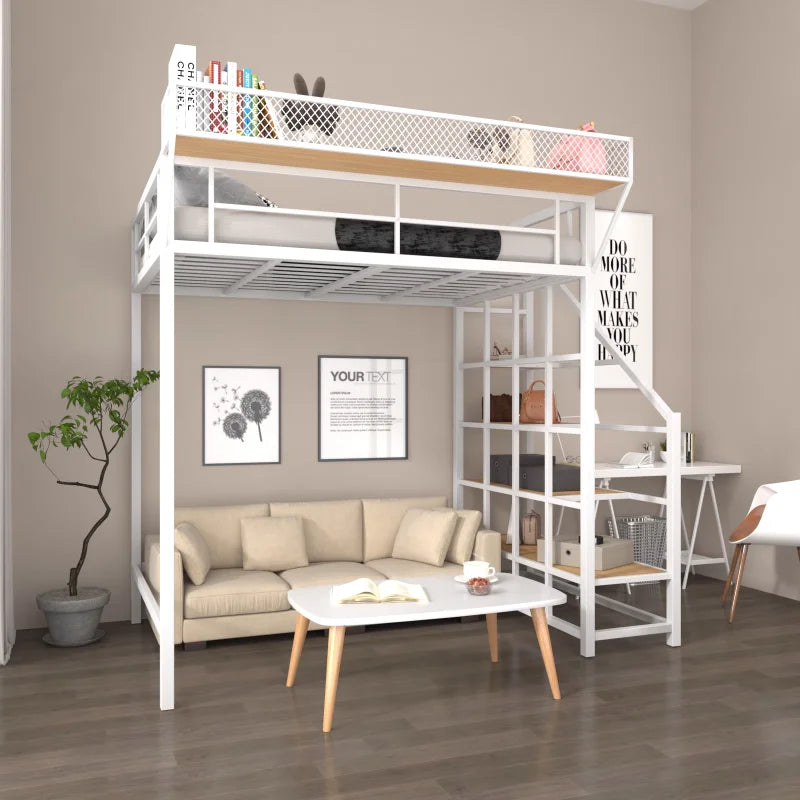 Nordic wrought iron elevated bed space-saving loft duplex second floor suspended bed small apartment bed under table single doub