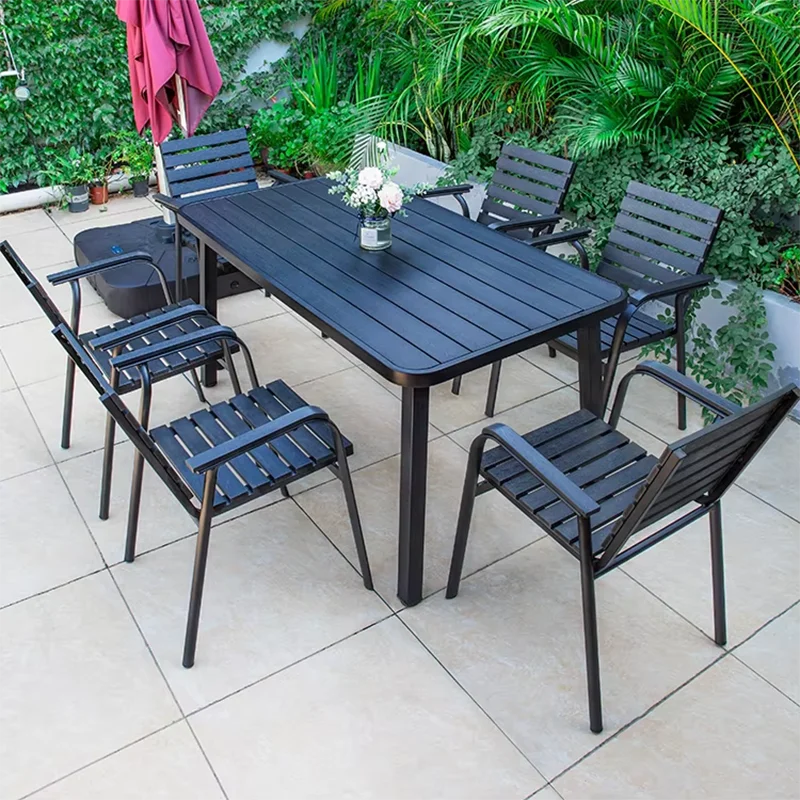 150cm Outdoor Table Large Metal Frame Rectangular Patio Table Family Outdoor Dining Table Wood-plastic Waterproof Tabletop