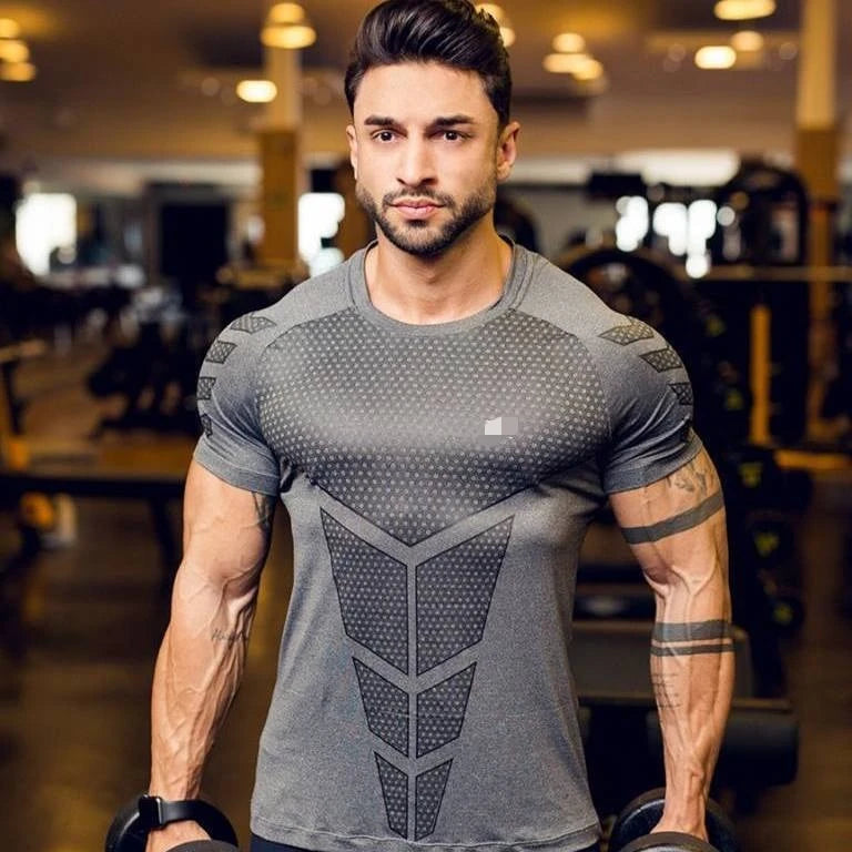 Fitness Coach Fashion Sport T-shirt Muscle Brother 3D Training Quick-dry Shirt Short Sleeve Men's Fitness Suit