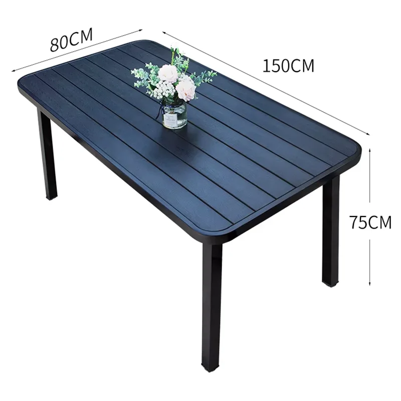 150cm Outdoor Table Large Metal Frame Rectangular Patio Table Family Outdoor Dining Table Wood-plastic Waterproof Tabletop