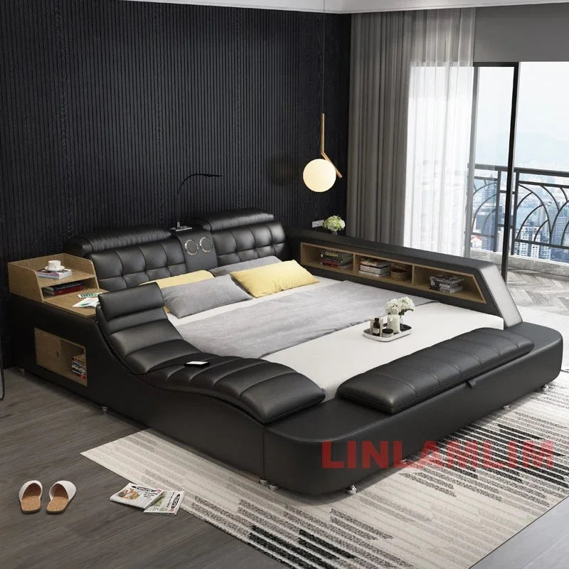 Linlamlim Tech Smart Multifunctional Bed Frame with Genuine Leather, Bluetooth Speaker, and Massage | Ultimate Soft Tatami Lit