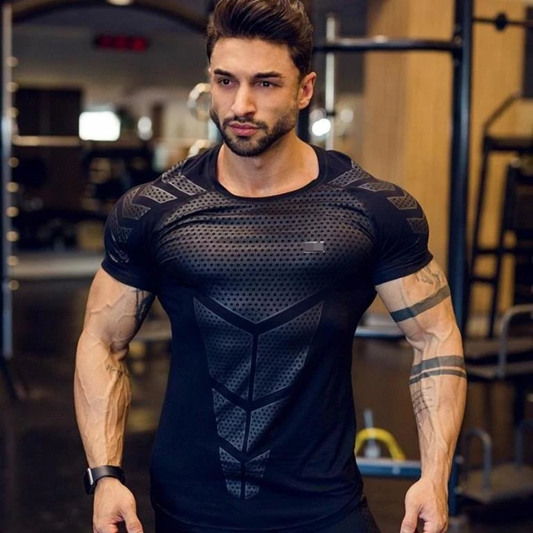 Fitness Coach Fashion Sport T-shirt Muscle Brother 3D Training Quick-dry Shirt Short Sleeve Men's Fitness Suit