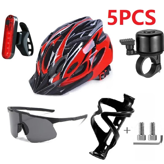 5-in-1 Cycling Accessories Kit: Bike Helmet, LED Tail Light, Bell, Water Bottle Cage, Tools Set for Mountain/Road Bicycle Safety