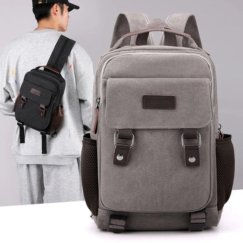 Small Mens Backpacks Canvas Casual Backpacks for Men 2023 Mini Male School Bag Rucksack Man Multi-function Crossbody Bags Travel