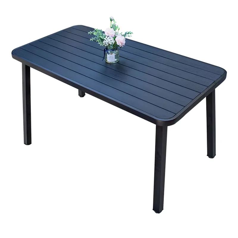 150cm Outdoor Table Large Metal Frame Rectangular Patio Table Family Outdoor Dining Table Wood-plastic Waterproof Tabletop