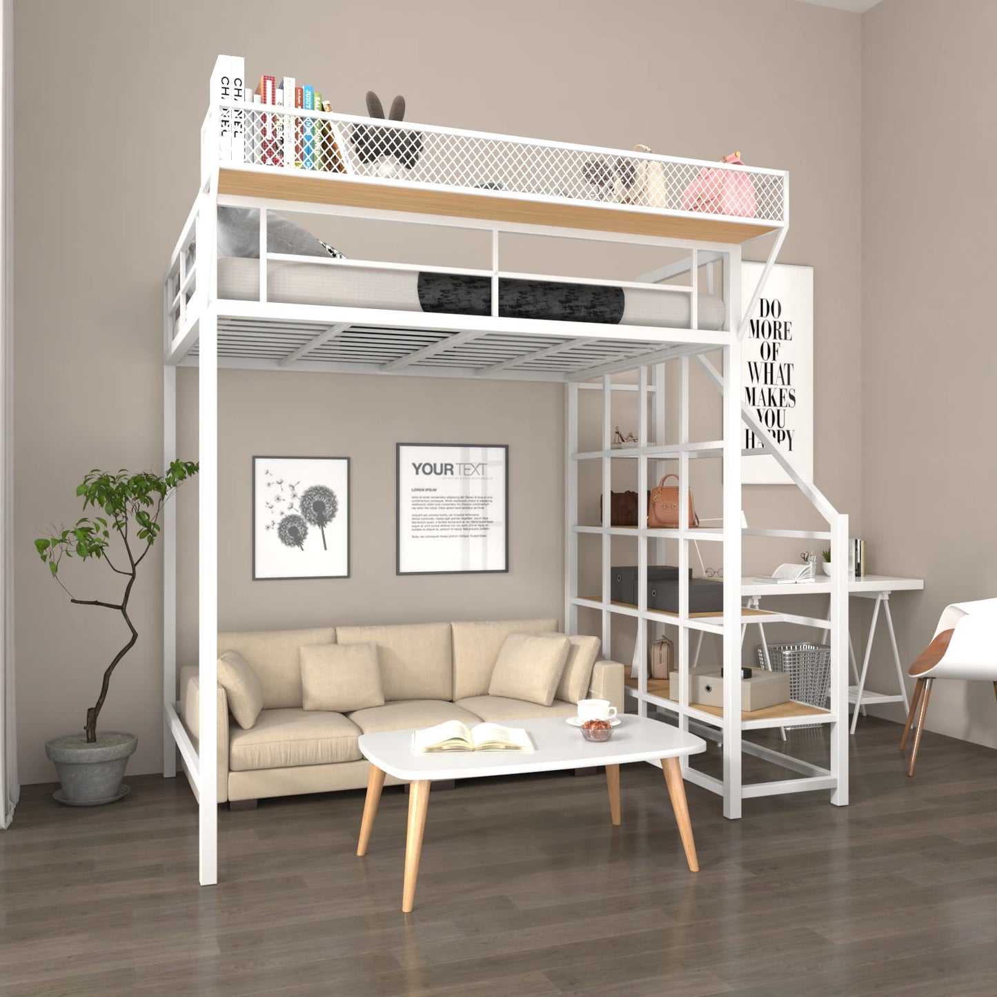 Nordic wrought iron elevated bed space-saving loft duplex second floor suspended bed small apartment bed under table single doub