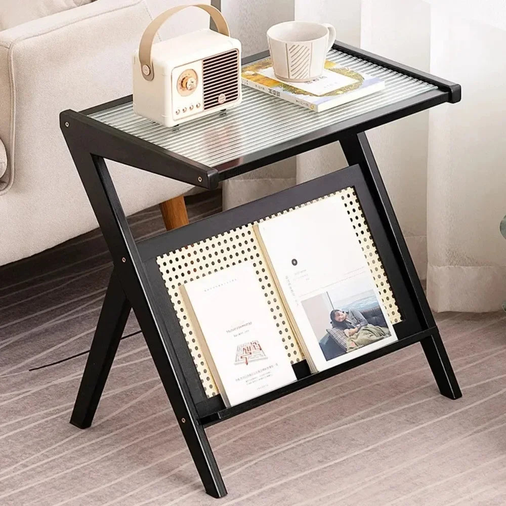 Coffee Table With Tempered Glass Top Modern Side Tables Z Shape Mobile Cabinet Lightweight Bedstand Cup Organizer Tea Side Table