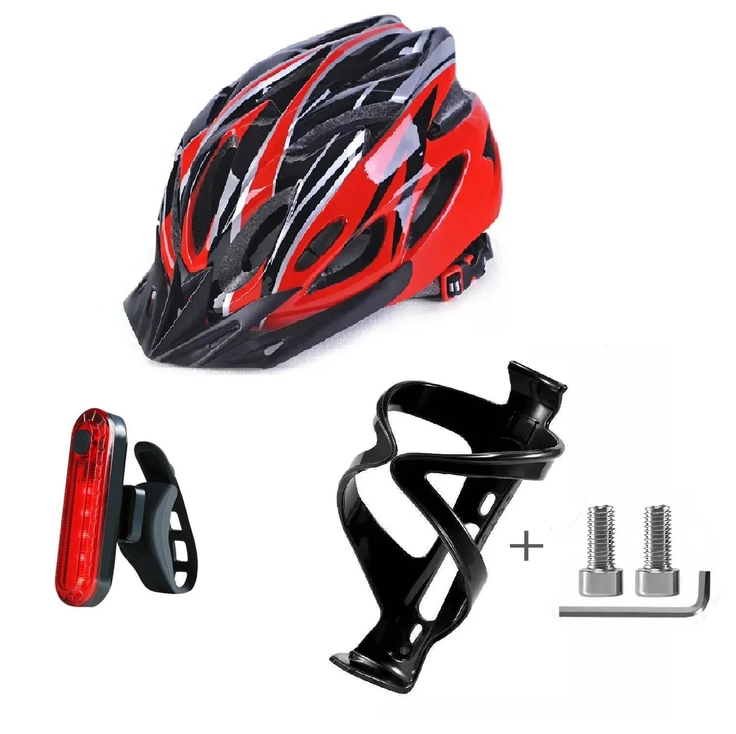 5-in-1 Cycling Accessories Kit: Bike Helmet, LED Tail Light, Bell, Water Bottle Cage, Tools Set for Mountain/Road Bicycle Safety