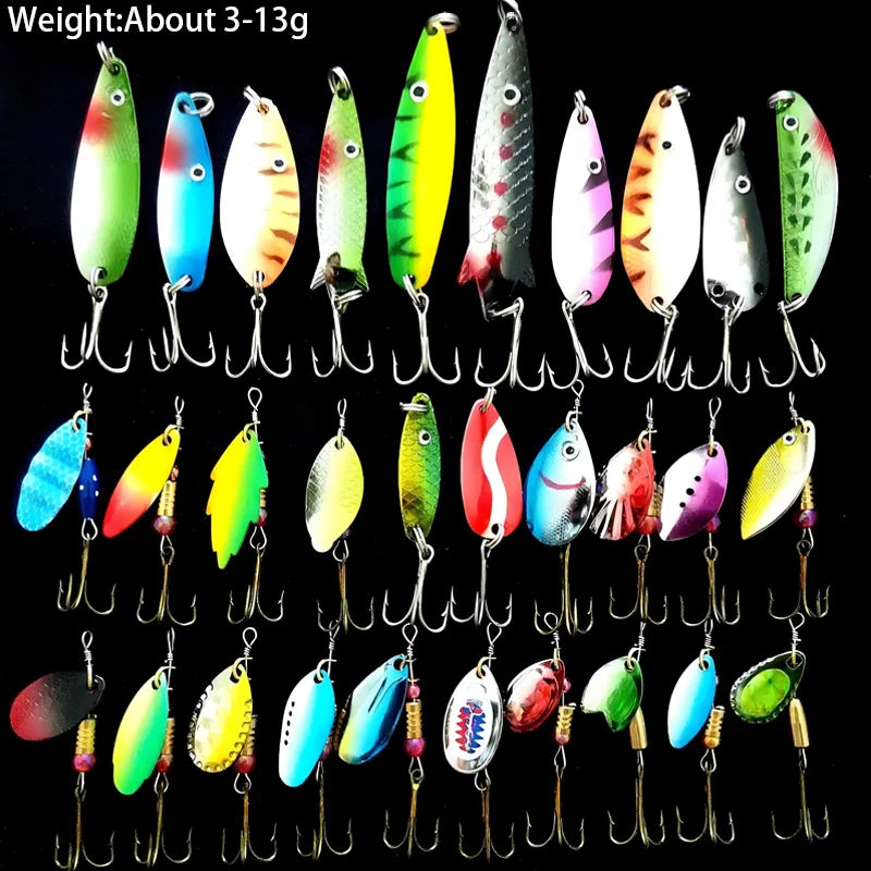 30pcs/Lot Fishing Lures Kit Spoon Spinner Set Metal Lure Artificial Bait Wobblers Bass Pike Perch Trout Freshwater Gear Tackle
