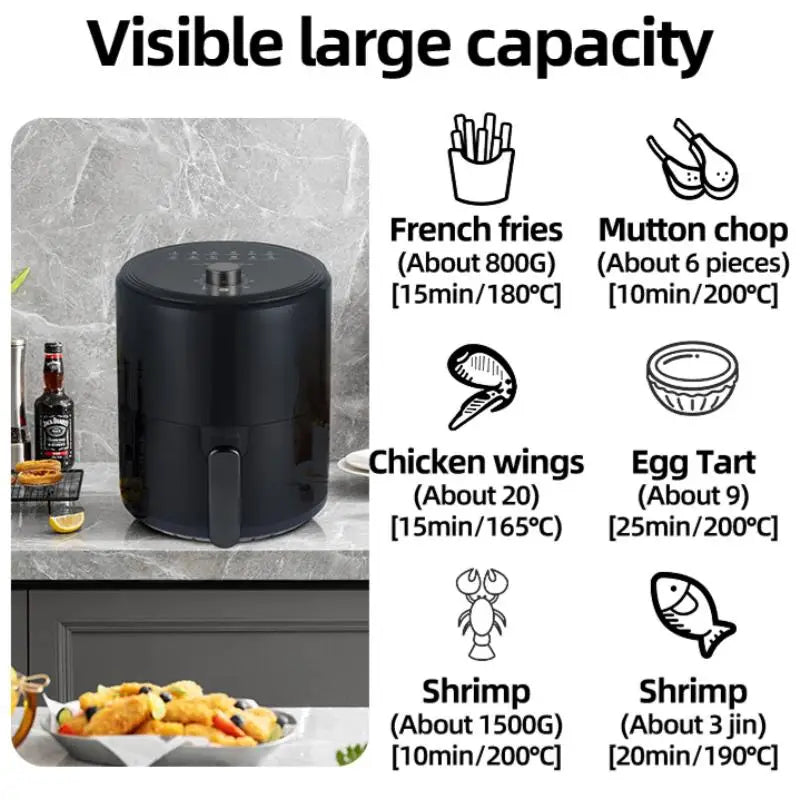 6.8L large-capacity air fryer, knob switch, food-grade non-stick coating, healthy cooking, 1-hour timer, dual-purpose for baking