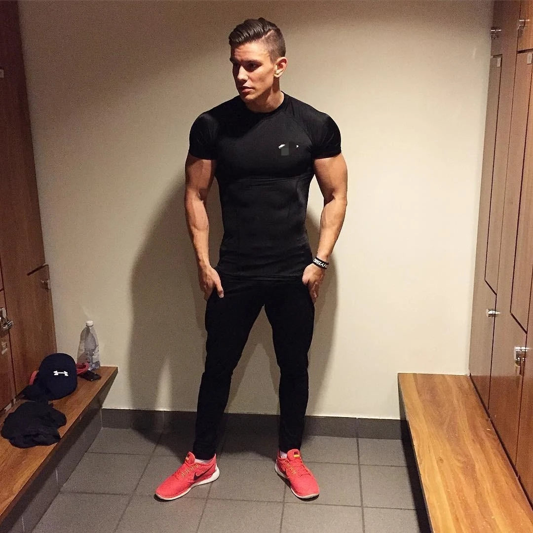 Fitness Coach Fashion Sport T-shirt Muscle Brother 3D Training Quick-dry Shirt Short Sleeve Men's Fitness Suit