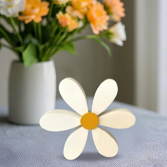 Yellow-White Color Wooden Daisy Decor Set 3D Design Handmade 3D Floral Ornaments Rustic Style Vintage Floral Tabletop Ornaments