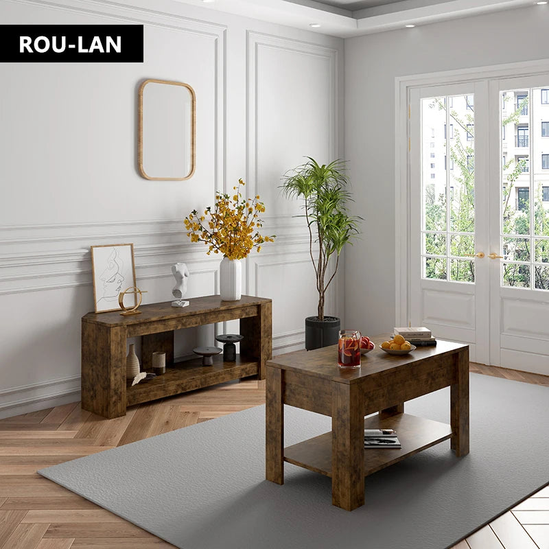 TV table and Lift Top Coffee Table with Storage , Rustic Wood Raisable Top Central Table for Living Room