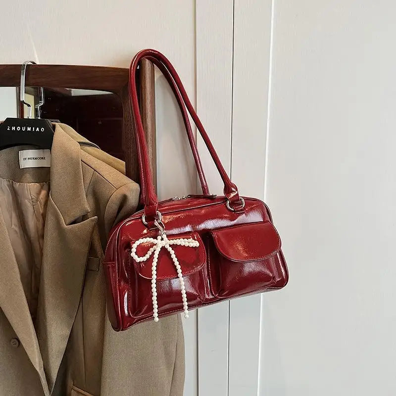 Women's Handbag with Pendant Armpit Boston Bag Fashion Cool Bowling Bags Ladies Large Capacity Shoulder Bag
