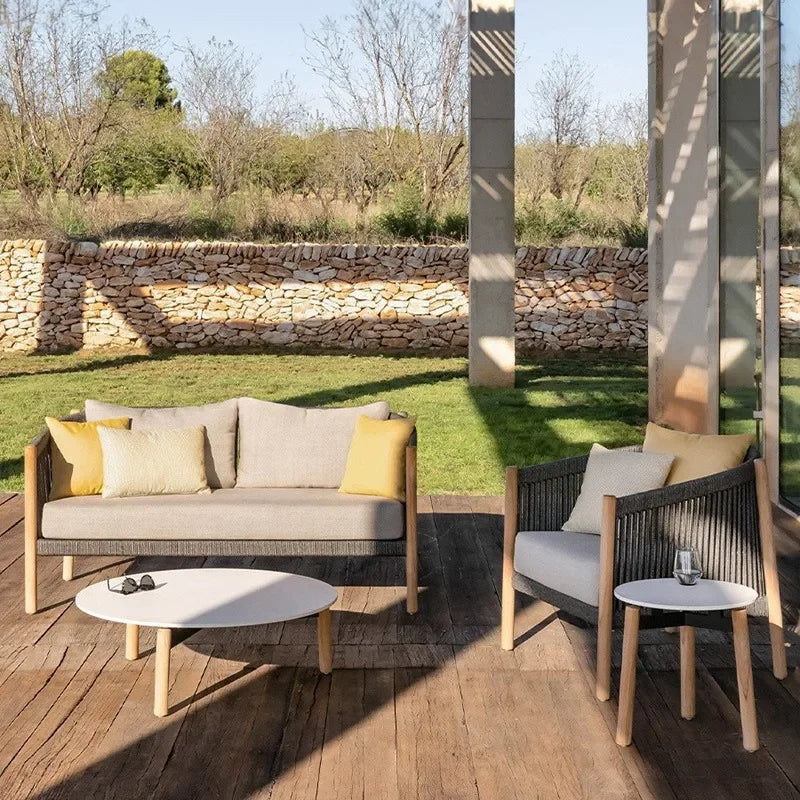 Outdoor courtyard terrace villa club sun room bed and breakfast balcony teak braided rope rock slab marble coffee table combinat