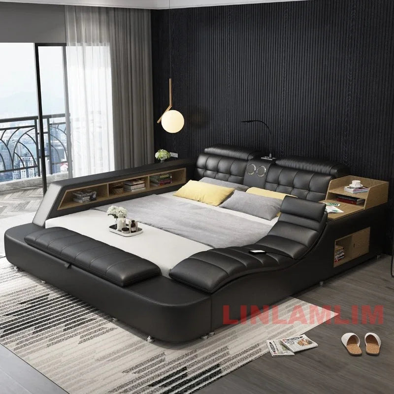 Linlamlim Tech Smart Multifunctional Bed Frame with Genuine Leather, Bluetooth Speaker, and Massage | Ultimate Soft Tatami Lit