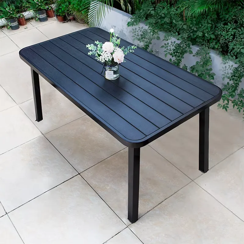 150cm Outdoor Table Large Metal Frame Rectangular Patio Table Family Outdoor Dining Table Wood-plastic Waterproof Tabletop