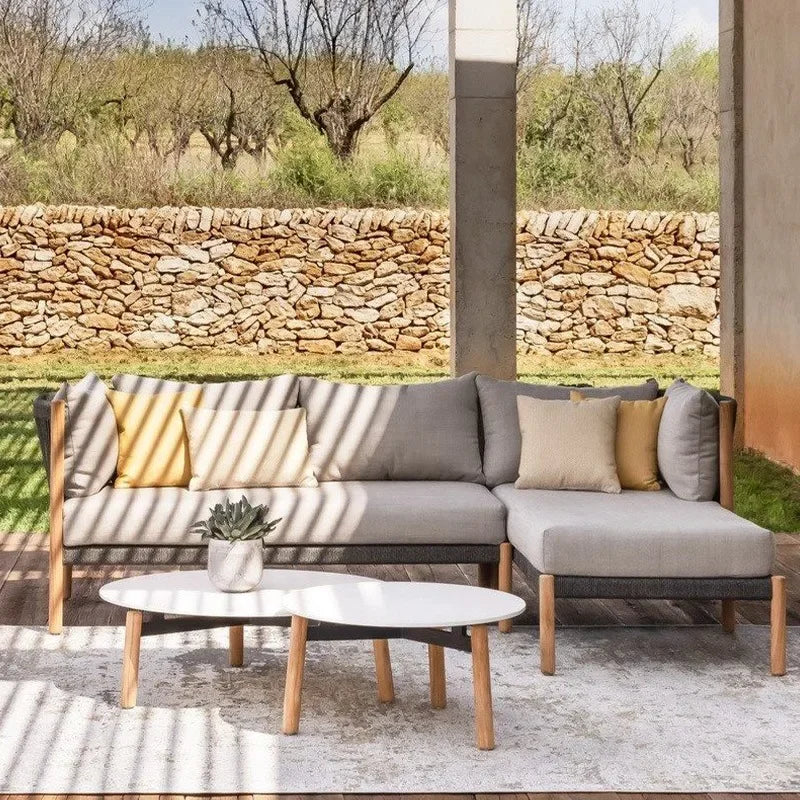 Outdoor courtyard terrace villa club sun room bed and breakfast balcony teak braided rope rock slab marble coffee table combinat