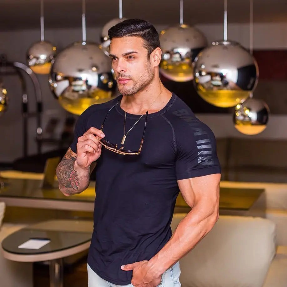 Fitness Coach Fashion Sport T-shirt Muscle Brother 3D Training Quick-dry Shirt Short Sleeve Men's Fitness Suit