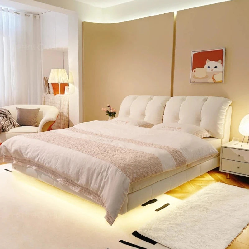 Pretty Elegant Double Bed Frame Mattress White Comferter Bed Queen Size Cama Matrimonial Bedroom Furniture